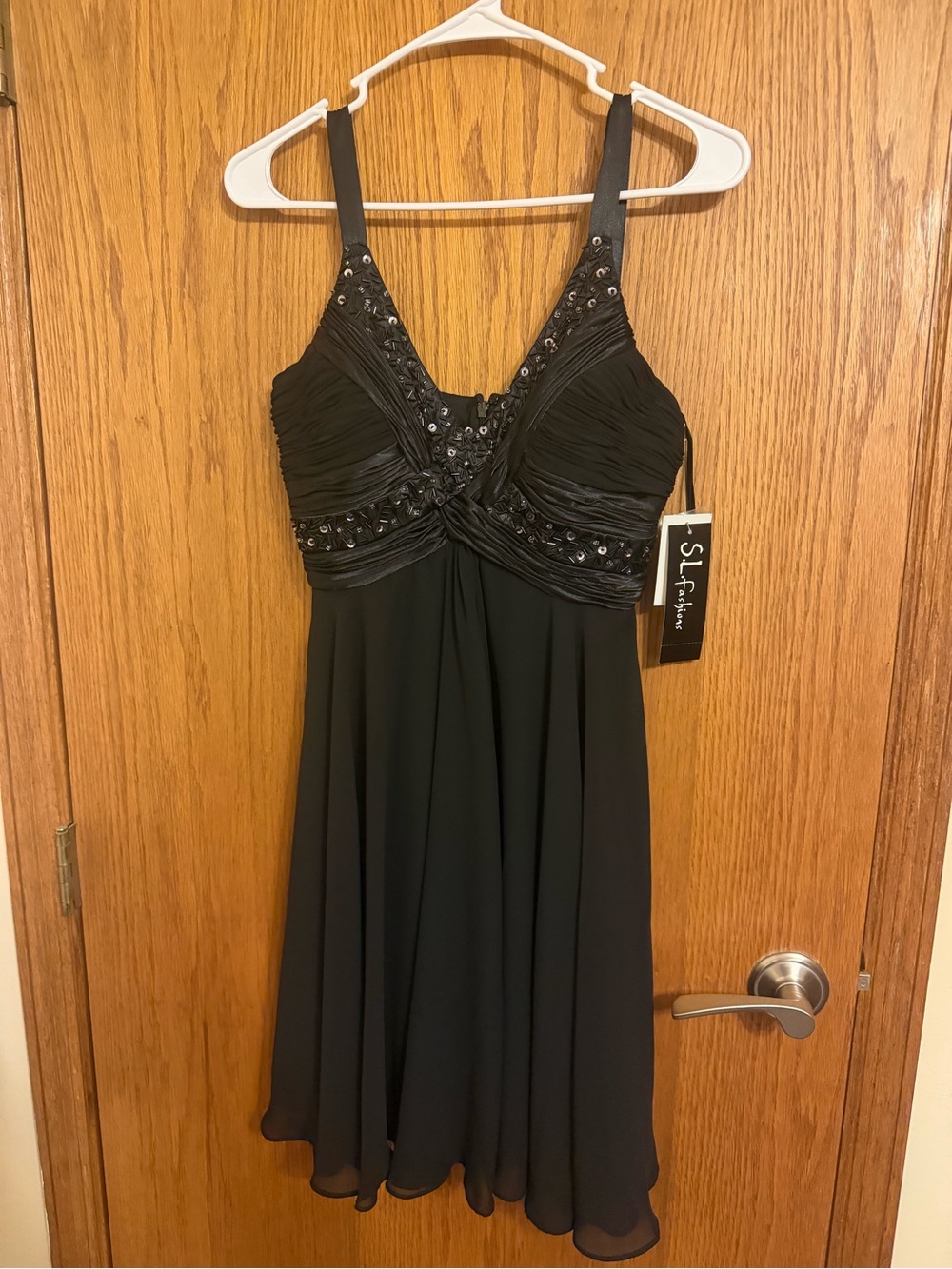 SL Fashions Black Beaded Sleeveless Prom Dress